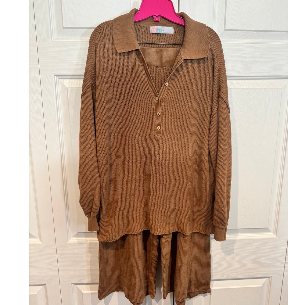 Free People Ribbed Knit Collared Top and Shorts Set in Brown